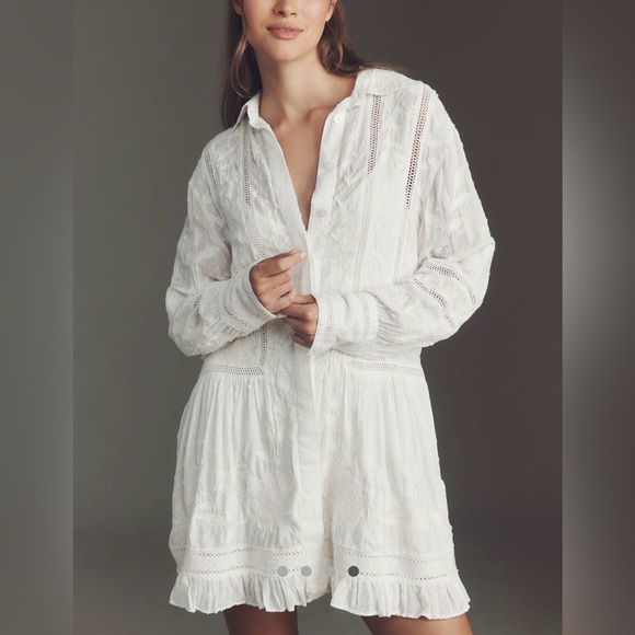 Anthropologie Embroidered Mini Shirt Dress NWT Antique White Boho Oversized S - Picture 1 of 10